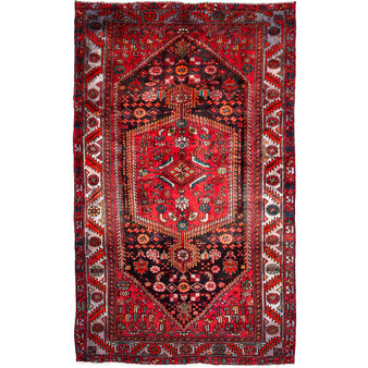Zanjan Persian Rug 8'6" x 4'11" - Semi Antique Medallion Navy Blue, Crimson Hand Knotted | front view | SKU 112321
