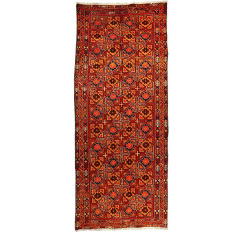 Meshkin Persian Rug 10x4 ft - Semi Antique Geometric, Diamond Lattice Madder Red, Burgundy, Rust Red Hand Knotted | front view | SKU 110039