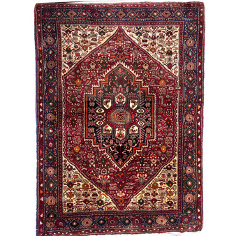 Gholtogh Persian Rug 4x3 ft - Semi Antique Medallion Crimson, Navy Blue Hand Knotted | front view | SKU 112325