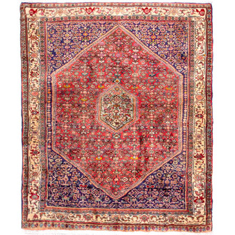 Bijar Persian Rug 4x3 ft - Semi Antique Medallion (Toranj), Herati (Mahi) Madder Red, Navy Blue, Cream Hand Knotted | front view | SKU 112326