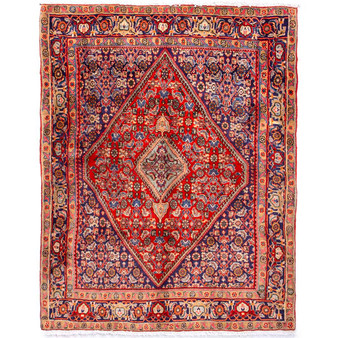 Bijar Persian Rug 5x3 ft - Semi Antique Medallion (Toranj), Herati (Mahi) Crimson, Navy Blue, Madder Red Hand Knotted | front view | SKU 112327