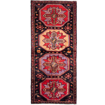 Zanjan Persian Rug 7x3 ft - Semi Antique Medallion (Toranj), Geometric Dark Red, Crimson, Navy Blue Hand Knotted | front view | SKU 112330