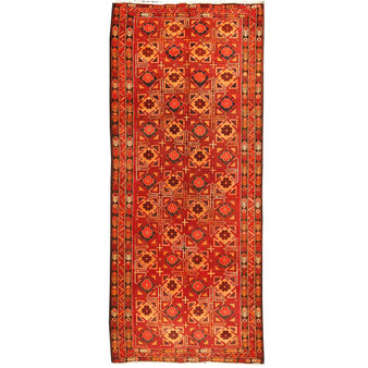 Meshkin Persian Rug 11x4 ft - Semi Antique Geometric, Diamond Lattice Crimson, Rust Red, Gold Hand Knotted | front view | SKU 110040