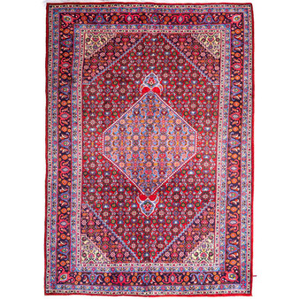 Zanjan Persian Rug 9'8" x 6'6" - Semi Antique Medallion Navy Blue, Crimson Hand Knotted | front view | SKU 112333