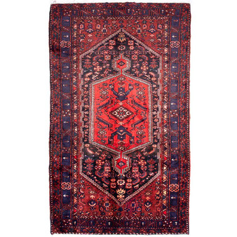 Zanjan Persian Rug 8'6" x 4'12" - Semi Antique Medallion Navy Blue, Crimson Hand Knotted | front view | SKU 112337