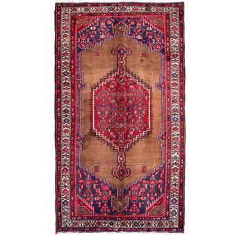 Zanjan Persian Rug 9x5 ft - Semi Antique Medallion Navy Blue, Crimson Hand Knotted | front view | SKU 112340