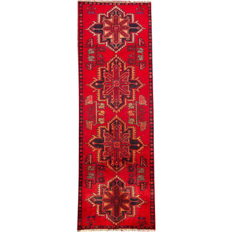 Sarab Persian Rug 9x2 ft - Semi Antique Medallion (Toranj), Geometric Red, Crimson, Navy Blue Hand Knotted | front view | SKU 110044