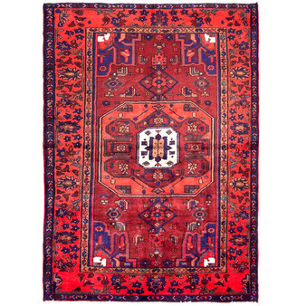 Zanjan Persian Rug 6x4 ft - Semi Antique Medallion (Toranj), Geometric Crimson, Navy Blue, Madder Red Hand Knotted | front view | SKU 112343