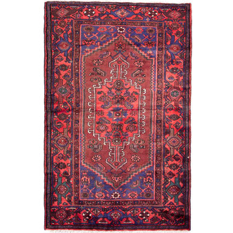 Zanjan Persian Rug 6'7" x 4'1" - Semi Antique Medallion Navy Blue, Crimson Hand Knotted | front view | SKU 112344