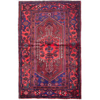 Zanjan Persian Rug 6x4 ft - Semi Antique Medallion Navy Blue, Crimson Hand Knotted | front view | SKU 112345
