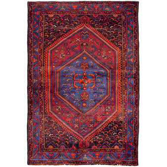 Zanjan Persian Rug 7'5" x 5'1" - Semi Antique Medallion Navy Blue, Crimson Hand Knotted | front view | SKU 112351