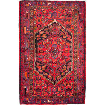 Zanjan Persian Rug 7x4 ft - Semi Antique Medallion Navy Blue, Crimson Hand Knotted | front view | SKU 112353