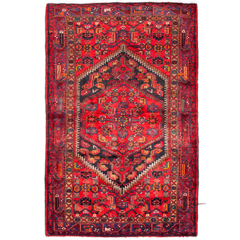Zanjan Persian Rug 7x4 ft - Semi Antique Medallion Navy Blue, Crimson Hand Knotted | front view | SKU 112354