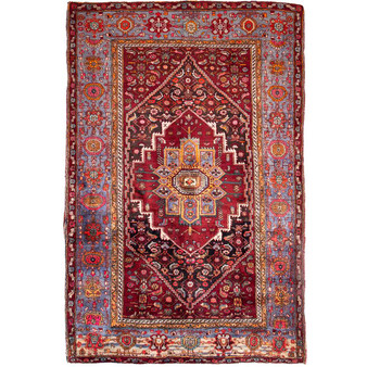 Zanjan Persian Rug 7'9" x 5'1" - Semi Antique Medallion Navy Blue, Crimson Hand Knotted | front view | SKU 112356
