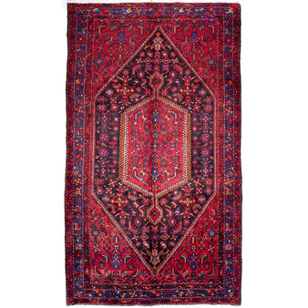 Zanjan Persian Rug 9x5 ft - Semi Antique Medallion Navy Blue, Crimson Hand Knotted | front view | SKU 112359