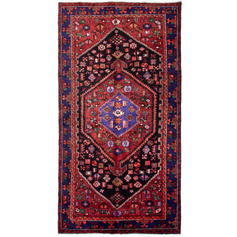 Zanjan Persian Rug 8'8" x 4'9" - Semi Antique Medallion Navy Blue, Crimson Hand Knotted | front view | SKU 112360