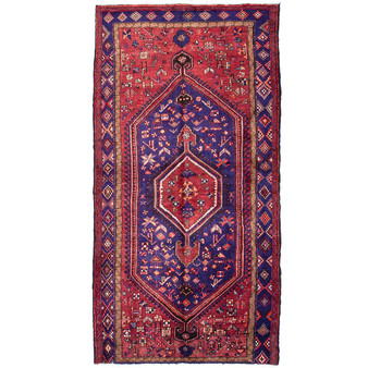 Zanjan Persian Rug 9x4 ft - Semi Antique Medallion Toranj, Herati Mahi Madder Red, Navy Blue, Crimson Hand Knotted | front view | SKU 112361