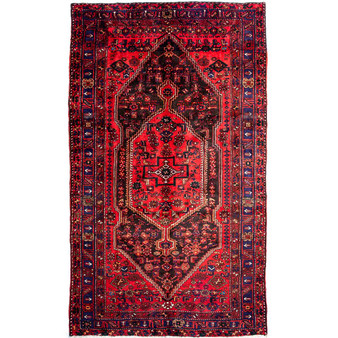Zanjan Persian Rug 9x5 ft - Semi Antique Medallion Navy Blue, Crimson Hand Knotted | front view | SKU 112364