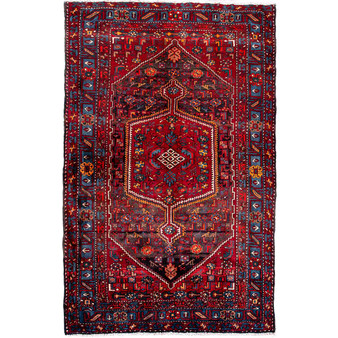 Zanjan Persian Rug 8'6" x 5'4" - Semi Antique Medallion Navy Blue, Crimson Hand Knotted | front view | SKU 112365