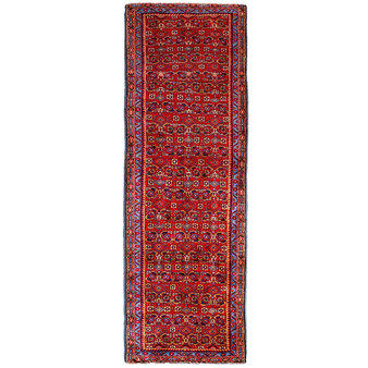 Zanjan Persian Rug 8x2 ft - Semi Antique Medallion Navy Blue, Crimson Hand Knotted | front view | SKU 112366