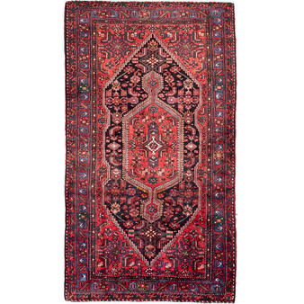 Zanjan Persian Rug 8'6" x 4'11" - Semi Antique Medallion Navy Blue, Crimson Hand Knotted | front view | SKU 112371
