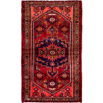 Zanjan Persian Rug 6x3 ft - Semi Antique Medallion Navy Blue, Crimson Hand Knotted | front view | SKU 112373