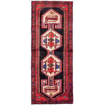 Zanjan Persian Rug 7x2 ft - Semi Antique Medallion Navy Blue, Crimson Hand Knotted | front view | SKU 112374