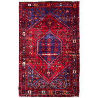 Zanjan Persian Rug 6'6" x 4'1" - Semi Antique Medallion Navy Blue, Crimson Hand Knotted | front view | SKU 112375