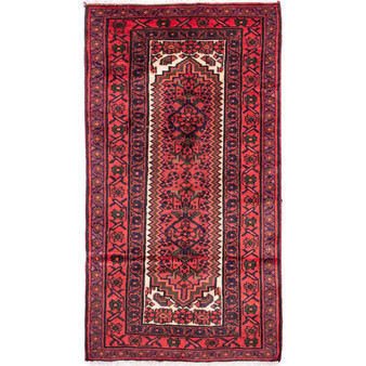 Zanjan Persian Rug 6x3 ft - Semi Antique Medallion Toranj, Herati Mahi Madder Red, Crimson, Dark Red Hand Knotted | front view | SKU 112376