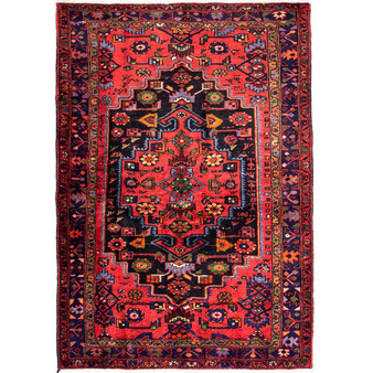 Zanjan Persian Rug 6'8" x 4'7" - Semi Antique Medallion Navy Blue, Crimson Hand Knotted | front view | SKU 112378