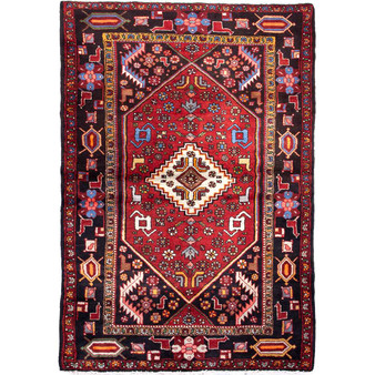 Zanjan Persian Rug 7'2" x 4'9" - Semi Antique Medallion Navy Blue, Crimson Hand Knotted | front view | SKU 112379