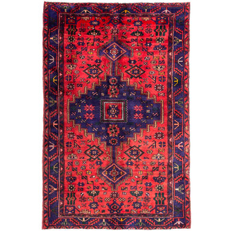 Zanjan Persian Rug 7'3" x 4'7" - Semi Antique Medallion Navy Blue, Crimson Hand Knotted | front view | SKU 112380