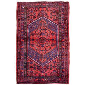Zanjan Persian Rug 7'3" x 4'7" - Semi Antique Medallion Navy Blue, Crimson Hand Knotted | front view | SKU 112384