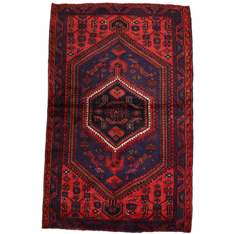 Zanjan Persian Rug 7'5" x 4'8" - Semi Antique Medallion Navy Blue, Crimson Hand Knotted | front view | SKU 112389