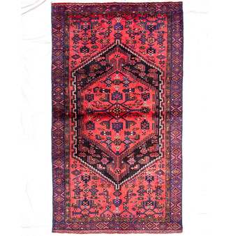 Zanjan Persian Rug 7'7" x 4'1" - Semi Antique Medallion Navy Blue, Crimson Hand Knotted | front view | SKU 112390