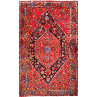 Zanjan Persian Rug 6x4 ft - Semi Antique Medallion (Toranj), Geometric Crimson, Navy Blue, Orange Hand Knotted | front view | SKU 112391