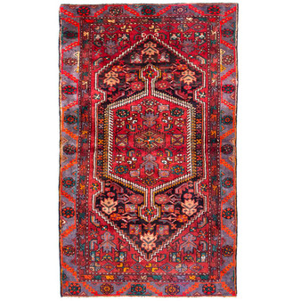 Zanjan Persian Rug 7x3 ft - Semi Antique Medallion Toranj, Herati Mahi Crimson, Burgundy, Navy Blue Hand Knotted | front view | SKU 112394
