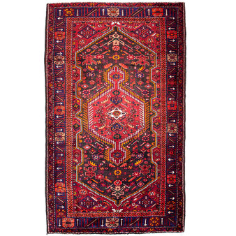 Zanjan Persian Rug 8'10" x 4'11" - Semi Antique Medallion Navy Blue, Crimson Hand Knotted | front view | SKU 112395
