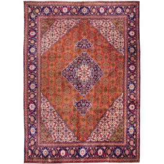 Tabriz Persian Rug 11x8 ft - Semi Antique Medallion (Toranj), Shah Abbasi Rust Red, Navy Blue, Cream Hand Knotted | front view | SKU 112406