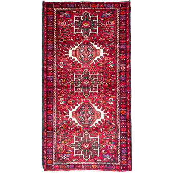 Karaja Persian Rug 6'6" x 3'2" - Semi Antique Medallion Ultramarine, Red Hand Knotted | front view | SKU 112408