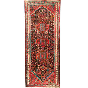 Hamadan Persian Rug 9x3 ft - Semi Antique Medallion (Toranj), Herati (Mahi) Madder Red, Dark Red, Cream Hand Knotted | front view | SKU 110105