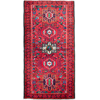 Karaja Persian Rug 6'3" x 3'1" - Semi Antique Medallion Ultramarine, Red Hand Knotted | front view | SKU 112409