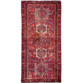 Karaja Persian Rug 6'3" x 2'11" - Semi Antique Medallion Ultramarine, Red Hand Knotted | front view | SKU 112410