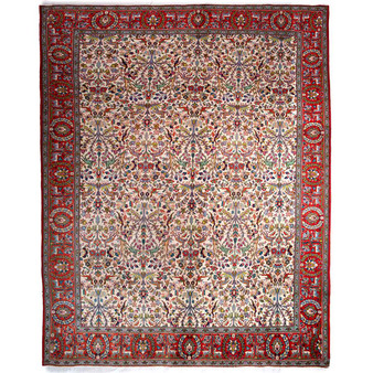 Tabriz Persian Rug 12'8" x 10'0" - Semi Antique Medallion Red, Cream Hand Knotted | front view | SKU 112415