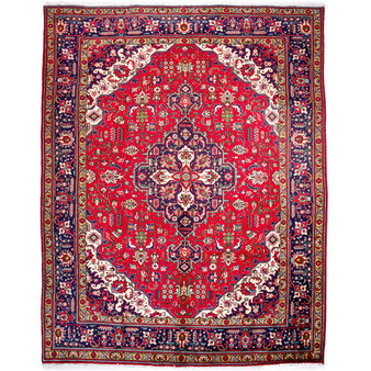 Azarshahr Persian Rug 10x8 ft - Semi Antique Medallion Red, Cream Hand Knotted | front view | SKU 112421