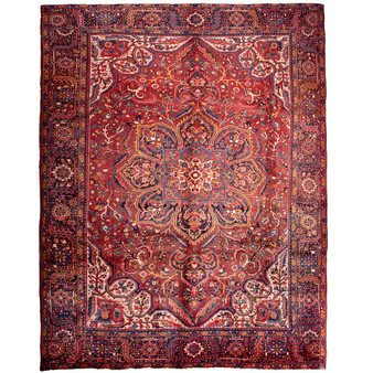 Sharabian Persian Rug 13x10 ft - Semi Antique Medallion (Toranj), Shah Abbasi Madder Red, Burgundy, Navy Blue Hand Knotted | front view | SKU 112422