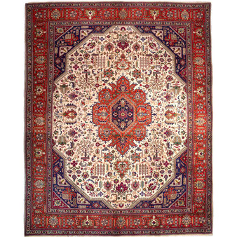 Azarshahr Persian Rug 12'10" x 9'7" - Semi Antique Medallion Red, Cream Hand Knotted | front view | SKU 112424