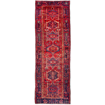Zanjan Persian Rug 10x3 ft - Semi Antique Medallion Navy Blue, Crimson Hand Knotted | front view | SKU 112426