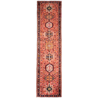 Karaja Persian Rug 10x2 ft - Semi Antique Medallion Ultramarine, Red Hand Knotted | front view | SKU 112428