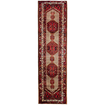 Azerbaijan Persian Rug 14'1" x 3'8" - Semi Antique Medallion Red, Cream Hand Knotted | front view | SKU 112432